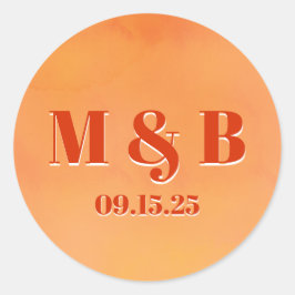 Bold Orange Watercolor Sunset Monogram Wedding Runder Aufkleber