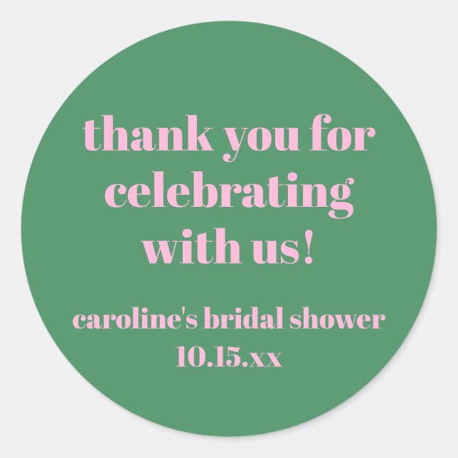 Bold Pink Green Custom Bridal Shower  Thank You Runder Aufkleber (Vorderseite)
