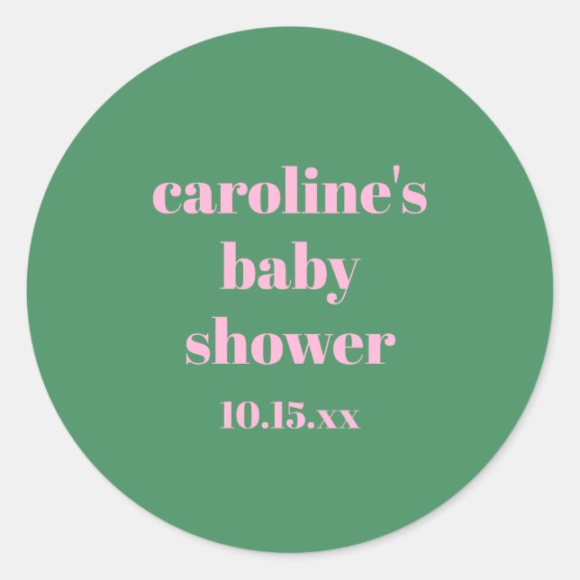 Bold Pink Green Modern Fun Custom Baby Shower Runder Aufkleber (Vorderseite)