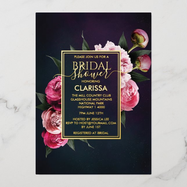Bold Pink Moody Peony Blume Chic Brautparty Folieneinladung (Vorderseite)
