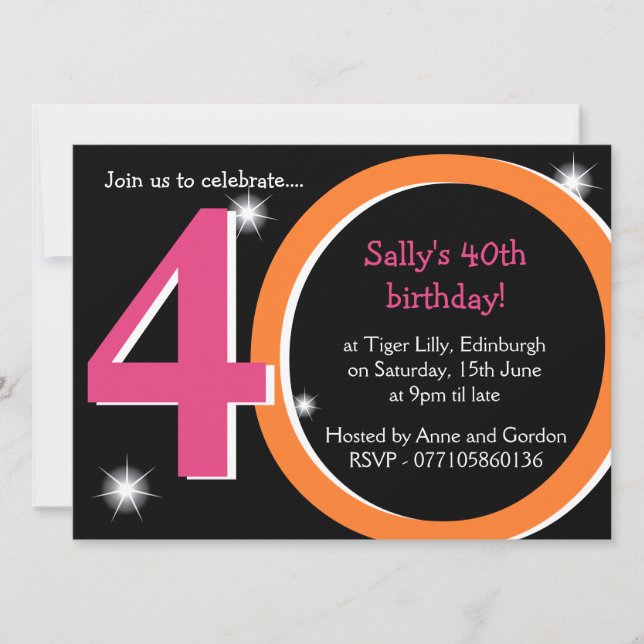 Bold Pink & Orange 40. Geburtstag Party Einladung (Vorderseite)