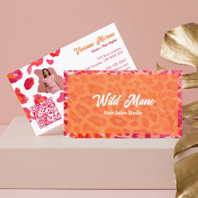 Bold Pink Orange Cheetah Leopard Print QR Code Visitenkarte (Bold Pink Orange Cheetah Leopard Print QR Code Business Card)