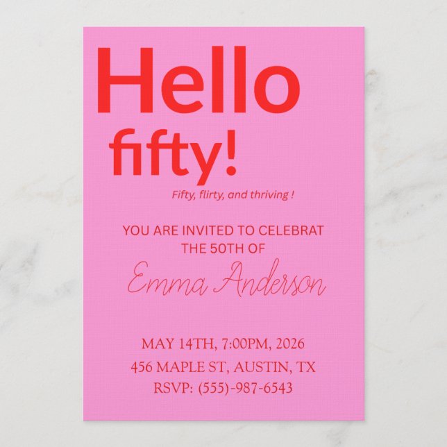Bold Pink Red 50th Birthday Invite Einladung (Vorderseite)