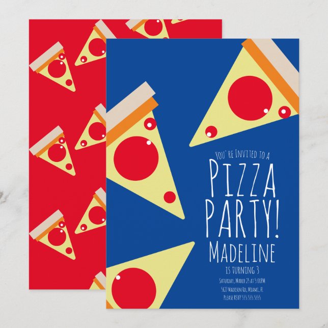 Bold Pizza Birthday Party Restaurant Blue Einladung (Vorne/Hinten)