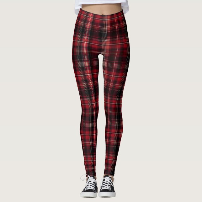 Bold Red and Black Tartan Plaid Leggings (Vorderseite)