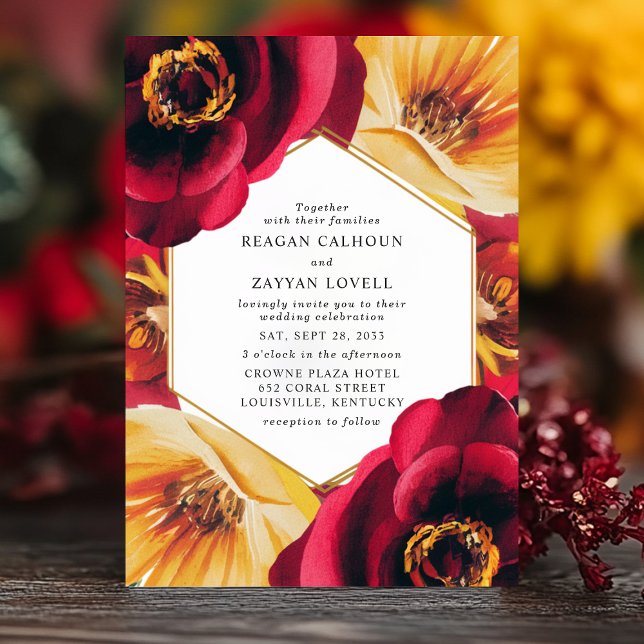 Bold Red and Yellow Floral Geometric Wedding Einladung (Von Creator hochgeladen)