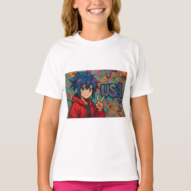 Bold Red Anime USA Graphic T-Shirt (Devant)