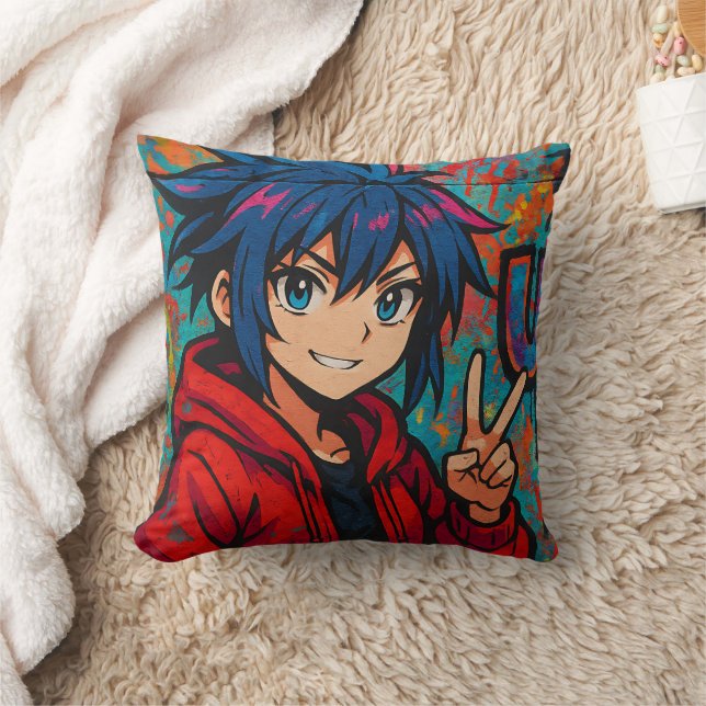 Bold Red Anime USA Graphic T-Shirt Kissen (Decke)