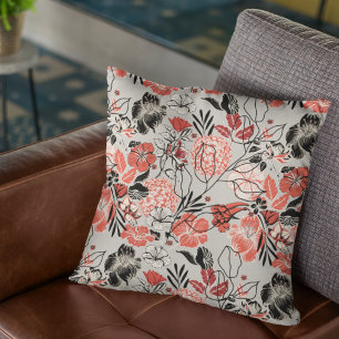 Bold Red Black Taupe floral Pattern Kissen