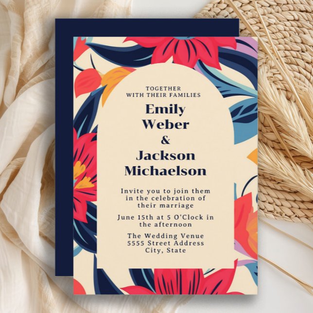 Bold Red Blue Blume Arch Wedding Einladung (Navy blue and red retro -style flowers wedding invitation)