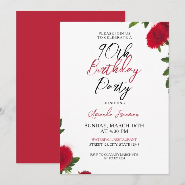 Bold Red Blume Feminine 90. Geburtstag Einladung (Vorne/Hinten)