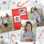 Bold Red Calligraphy Script Holiday Foto Card Dreifach Gefaltete Einladung<br><div class="desc">Dieses wunderschöne dreifach gefaltete Design bietet vollblühte Fotografie und ein kühnes rotes Kalligraphieskript "Frohe Weihnachten". Der Gruß auf der Titelseite sagt einfach "Frohe Weihnachten" und geht drinnen weiter. Wenn Sie die erste Tafel öffnen, sehen Sie ein Single mit einem voll bluten vertikalen Foto mit Ihrem Urlaubstext. Wenn Sie die Karte...</div>