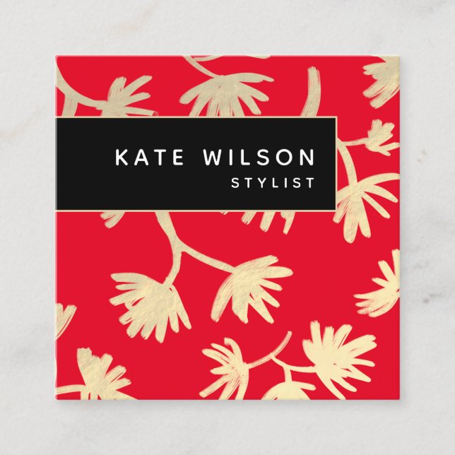 Bold Red Gold Artistic Floral Pattern Quadratische Visitenkarte (Vorderseite)