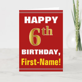 Bold, Red, Imitate Gold 6. Geburtstag mit Name Car Karte