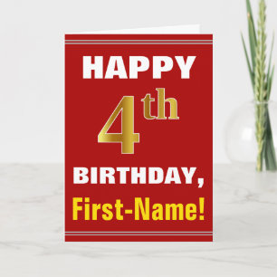 Bold, Red, Imitats Gold 4. Geburtstag mit Name Car Karte