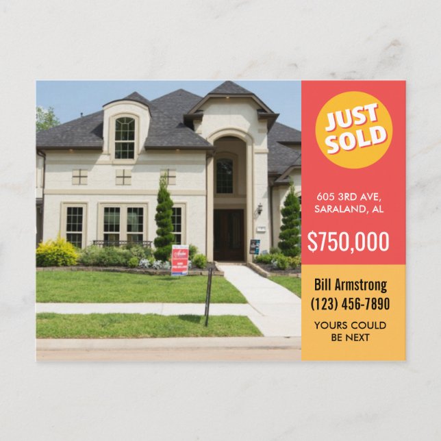 Bold Red Just Sold House Anwesen Werbung Postkarte (Vorderseite)