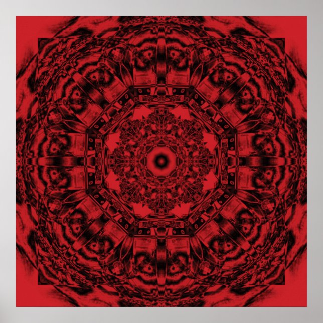 Bold Red Mechanical Abstrakt Mandala Art Poster (Vorne)
