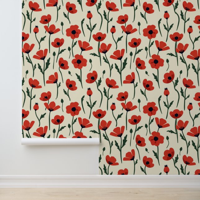 Bold Red Poppies | Klassisches Blumenmuster Tapete (Anwendung)