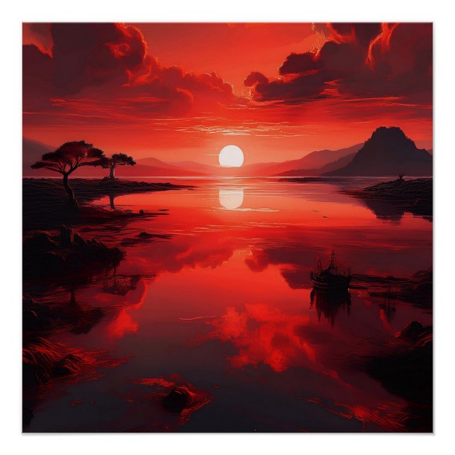 Bold Red Sunset Reflection - Landschaftliche Natur Poster (Vorderseite)