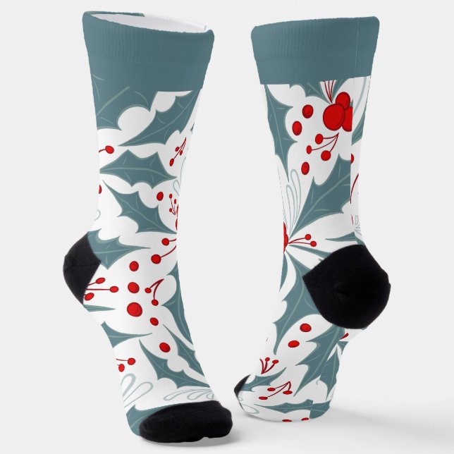 Bold Retro Aquamarin Holly and Berries Holiday Socken (Gewinkelt)