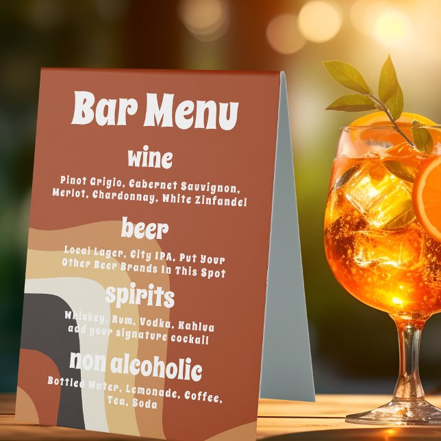 Bold Retro Groovy Orange 70er Boho Wedding Bar Men Tischaufsteller (Von Creator hochgeladen)