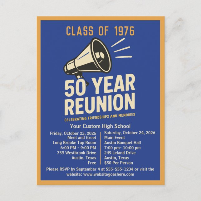 Bold Retro High School Reunion Pep Rally Megaphone Postkarte (Vorderseite)