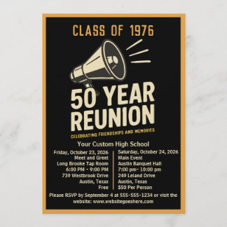 Bold Retro Megaphone 50 Year High School Reunion Einladung