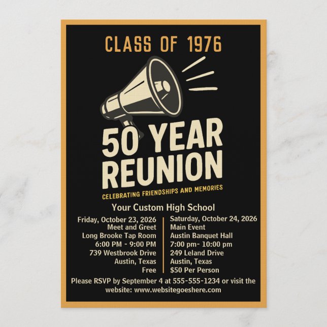 Bold Retro Megaphone 50 Year High School Reunion Einladung (Vorderseite)
