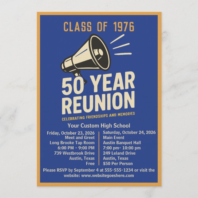 Bold Retro Megaphone 50 Year High School Reunion Einladung (Vorderseite)