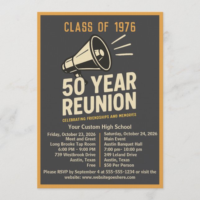 Bold Retro Megaphone 50 Year High School Reunion Einladung (Vorderseite)
