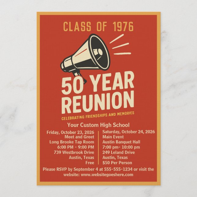 Bold Retro Megaphone 50 Year High School Reunion Einladung (Vorderseite)