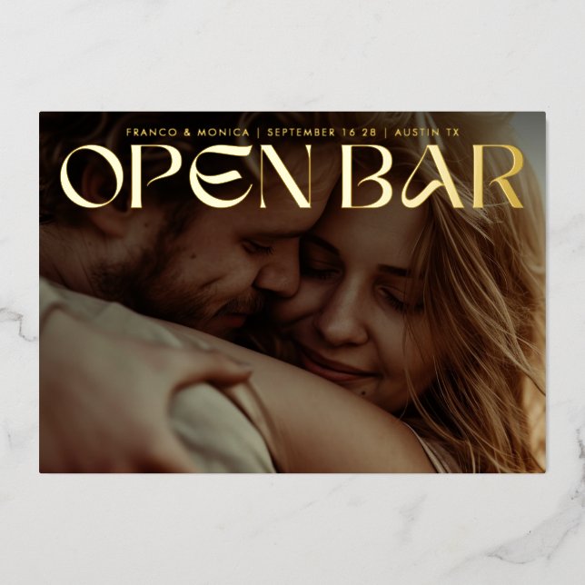 Bold Retro Open Bar Photo Save The Date Gold Folieneinladung (Vorderseite)
