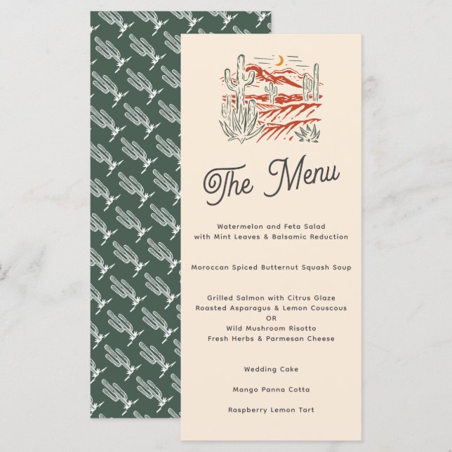 Bold Retro Saguaro Cactus Wüste Landscape Wedding Menükarte (Vorne/Hinten)