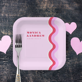 Bold Retro Wave Ästhetische Rosa und Rote Hochzeit Pappteller