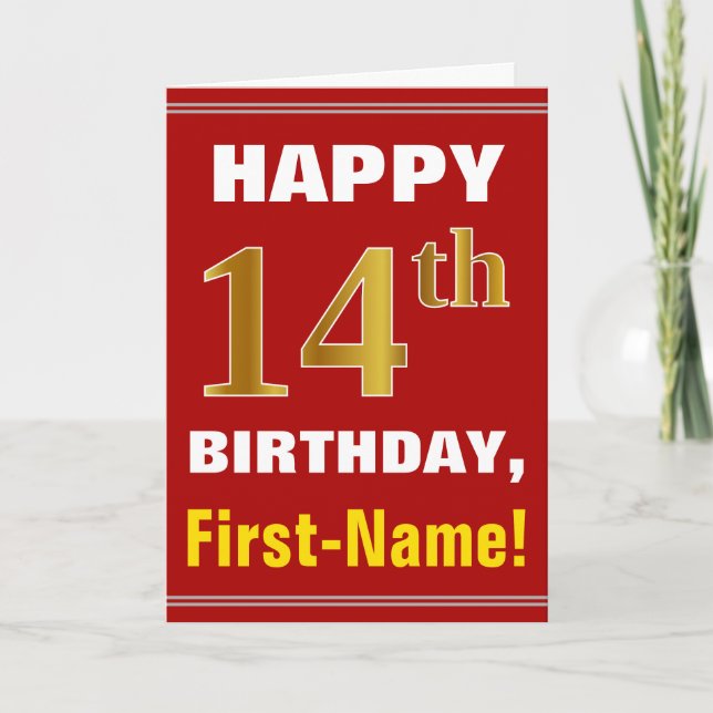 Bold, Rouge, Faux Gold 14e anniversaire avec carte (Devant)