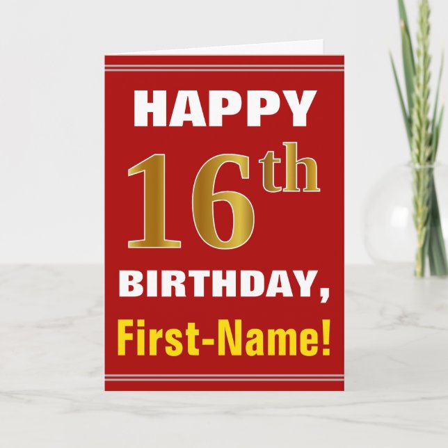 Bold, Rouge, Faux Gold 16e anniversaire avec carte (Devant)