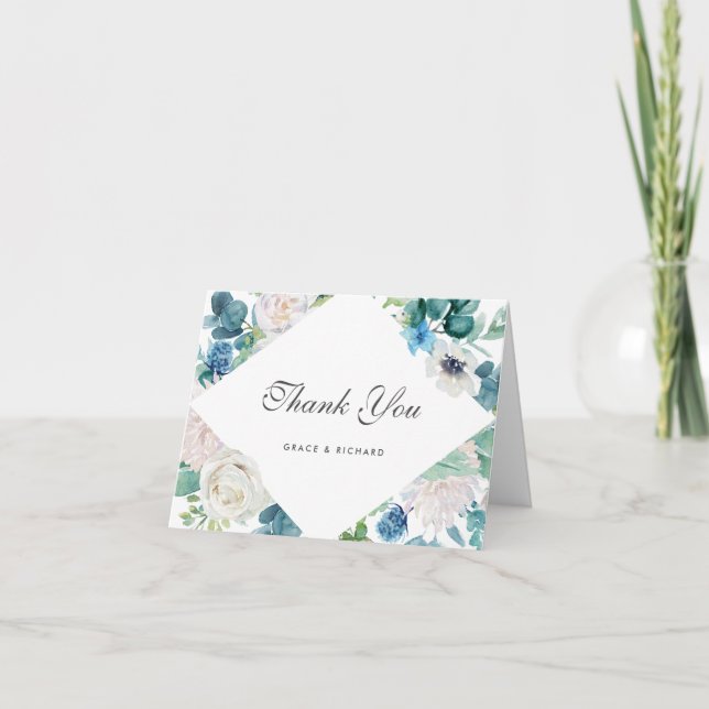 Bold Sage Green Blue White Floral Danke Karte (Vorderseite)