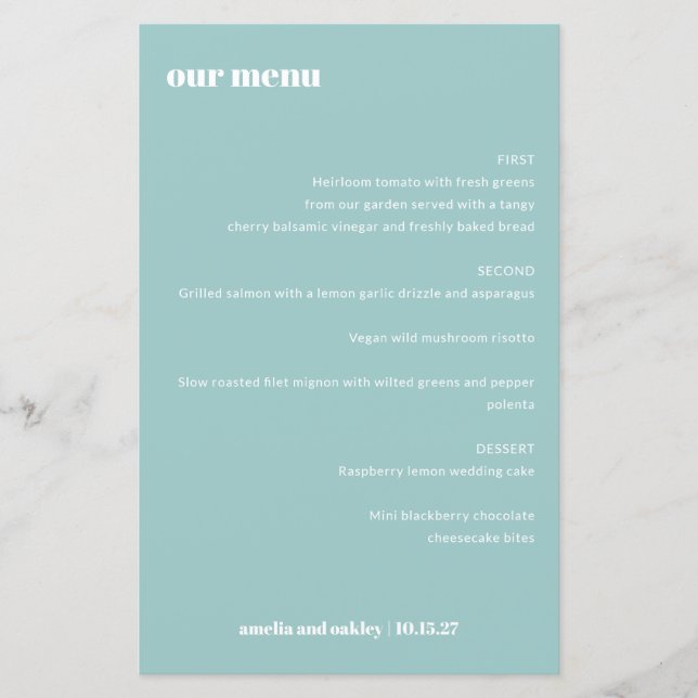 Bold Simple Aqua Blue Simple Custom Wedding Menu (Vorderseite)