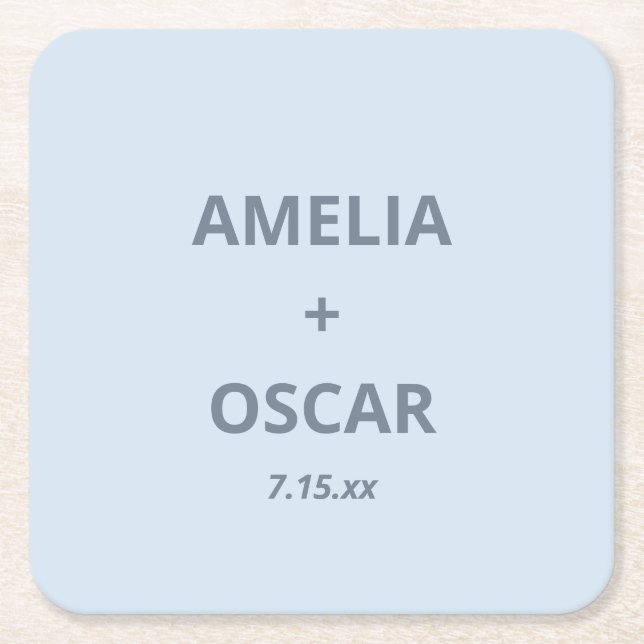Bold Soft Blue Modern Wedding Names Date Custom Rechteckiger Pappuntersetzer (Vorderseite)