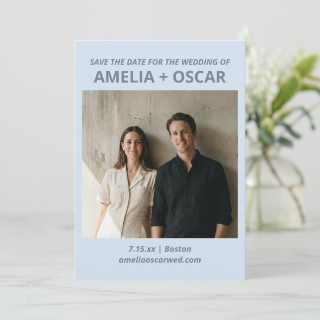 Bold Soft Blue Photo Modern Typography Wedding Save The Date (Stehend Vorderseite)