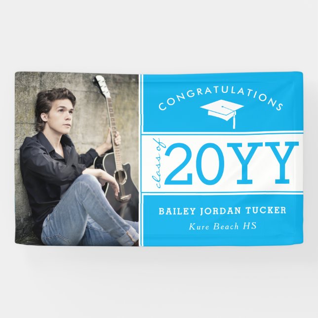 Bold Sporty Sky Blue Foto Abschluss Banner (Horizontal)