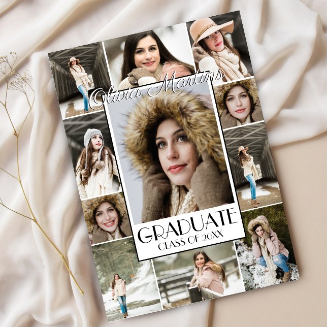 Bold Stilvoller Graduate Foto Collage Abschluss Einladung (Modern Stylish Photo Collage Graduation Announcement Invitation for High School College Graduate)