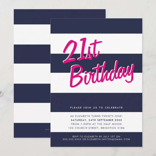 BOLD STRIPED fête d'anniversaire INVITATION marine (Devant / Derrière)