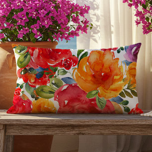 Bold Summer Watercolor Floral Red Orange Lila Kissen Für Draußen