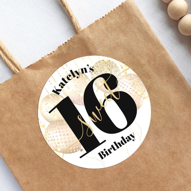 Bold Sweet 16 Birthday Gold Girly Balloons White Runder Aufkleber (Von Creator hochgeladen)