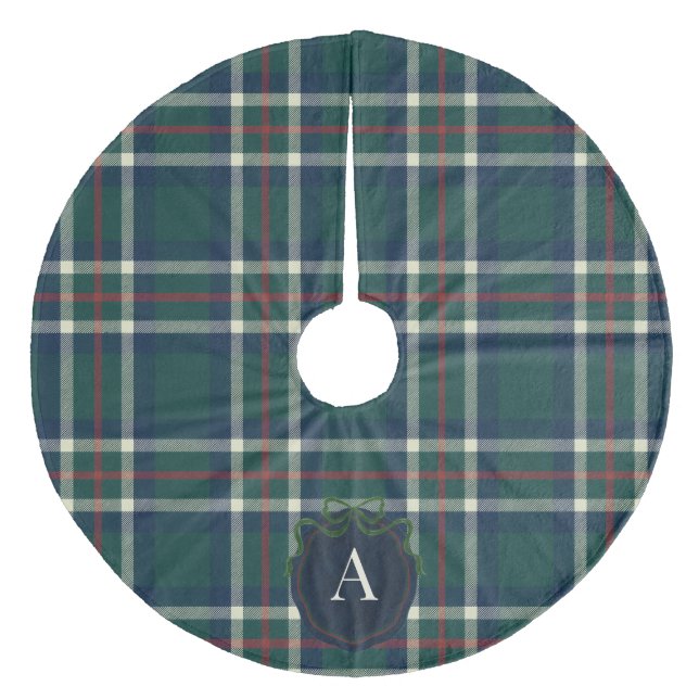 Bold Tartan Plaid Monogram Christmas Tree Skirt Fleece Weihnachtsbaumdecke (Vorderseite)