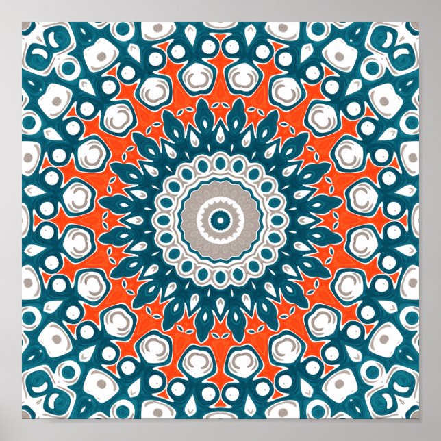 Bold Teal and Coral Symmetrical Mandala Poster (Vorne)