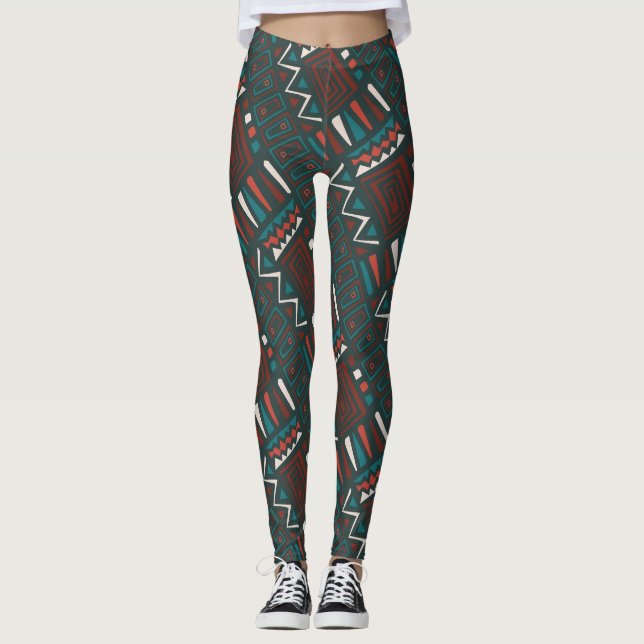 Bold Tribal Geometric Muster in Rot, Aquamarin, We Leggings (Vorderseite)