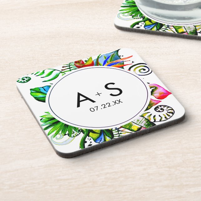 Bold Tropical Palm Leaf Wreath Wedding Monogram Untersetzer (Linke Seite)
