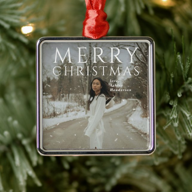 Bold Typografy Foto Modern Christmas Ornament Aus Metall (Baum)